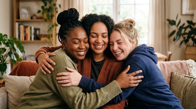 Three women embracing warmly