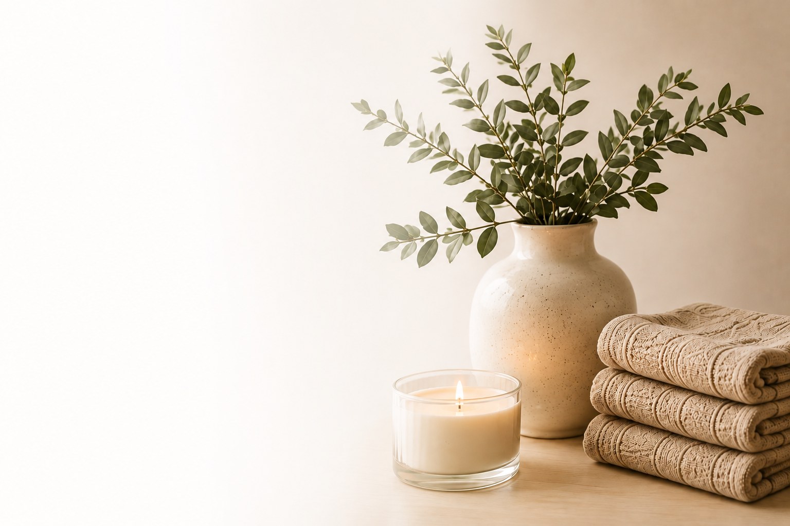 Cozy home styling — candle, vase, and folded towels