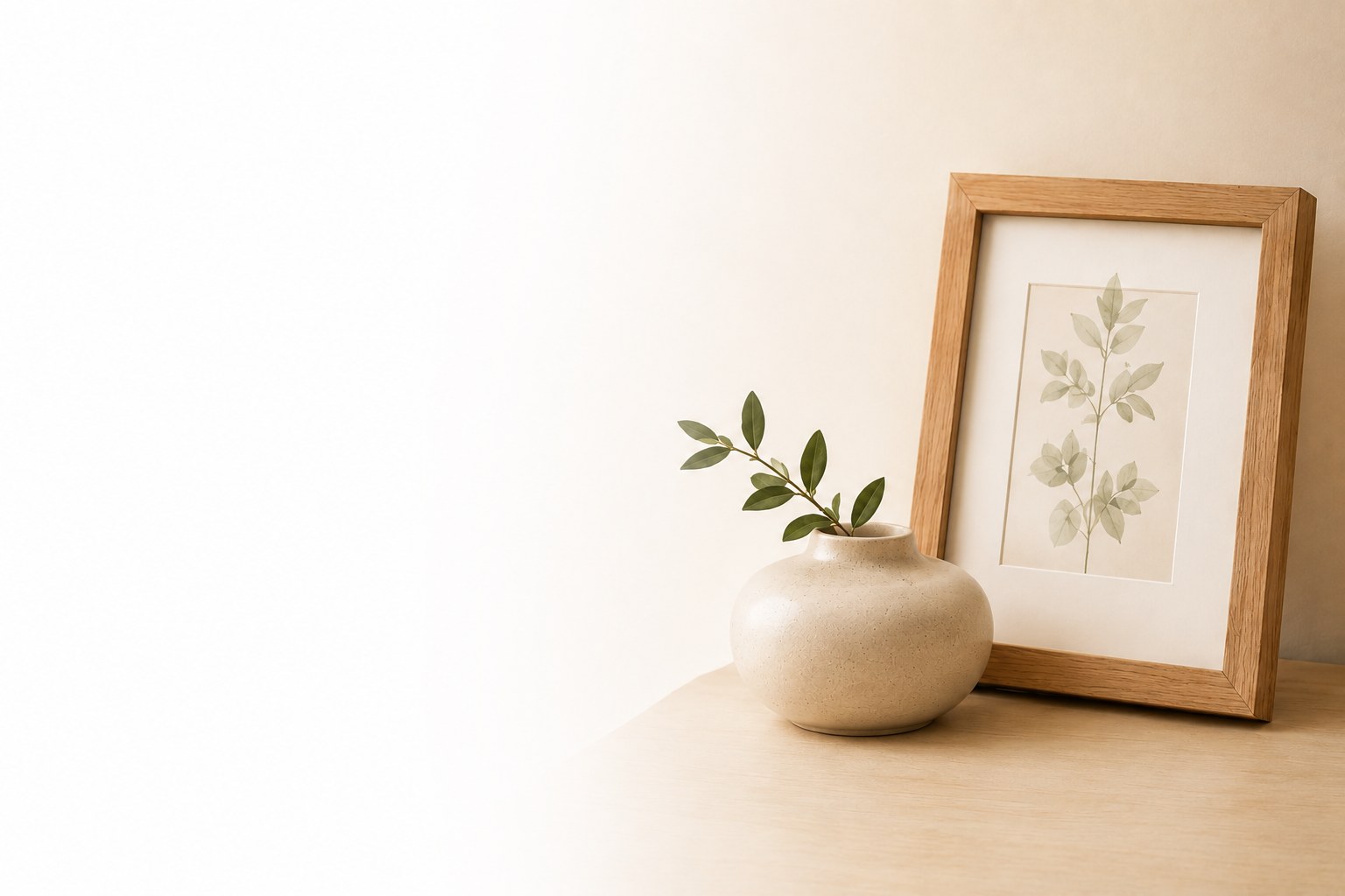 Framed botanical art and small vase, home decor